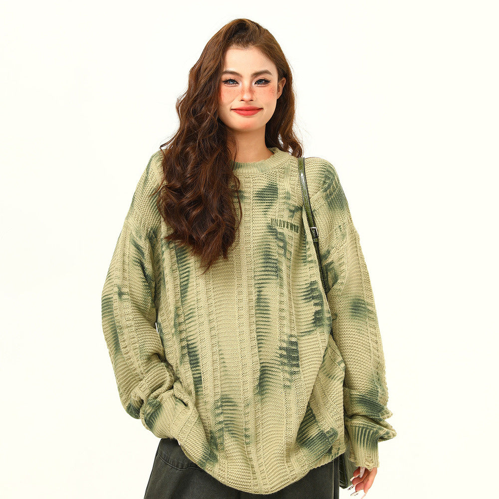 美式復古廢土風紮染設計感毛衣秋季寬鬆慵懶風破損針織毛衣打底衫