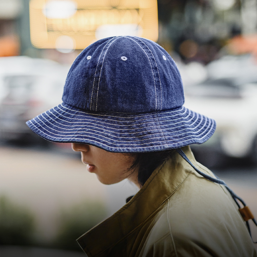馬登工裝 美式復古丹寧牛仔漁夫帽寬帽檐咔嘰圓頂遮陽帽盆帽男女