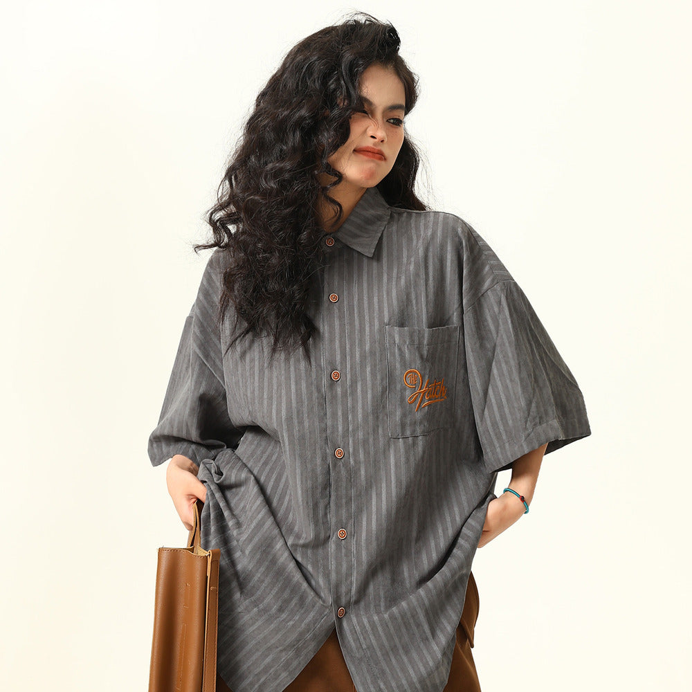 美式復古Vintage工裝短袖刺繡口袋襯衫女夏季百搭寬鬆情侶襯衣