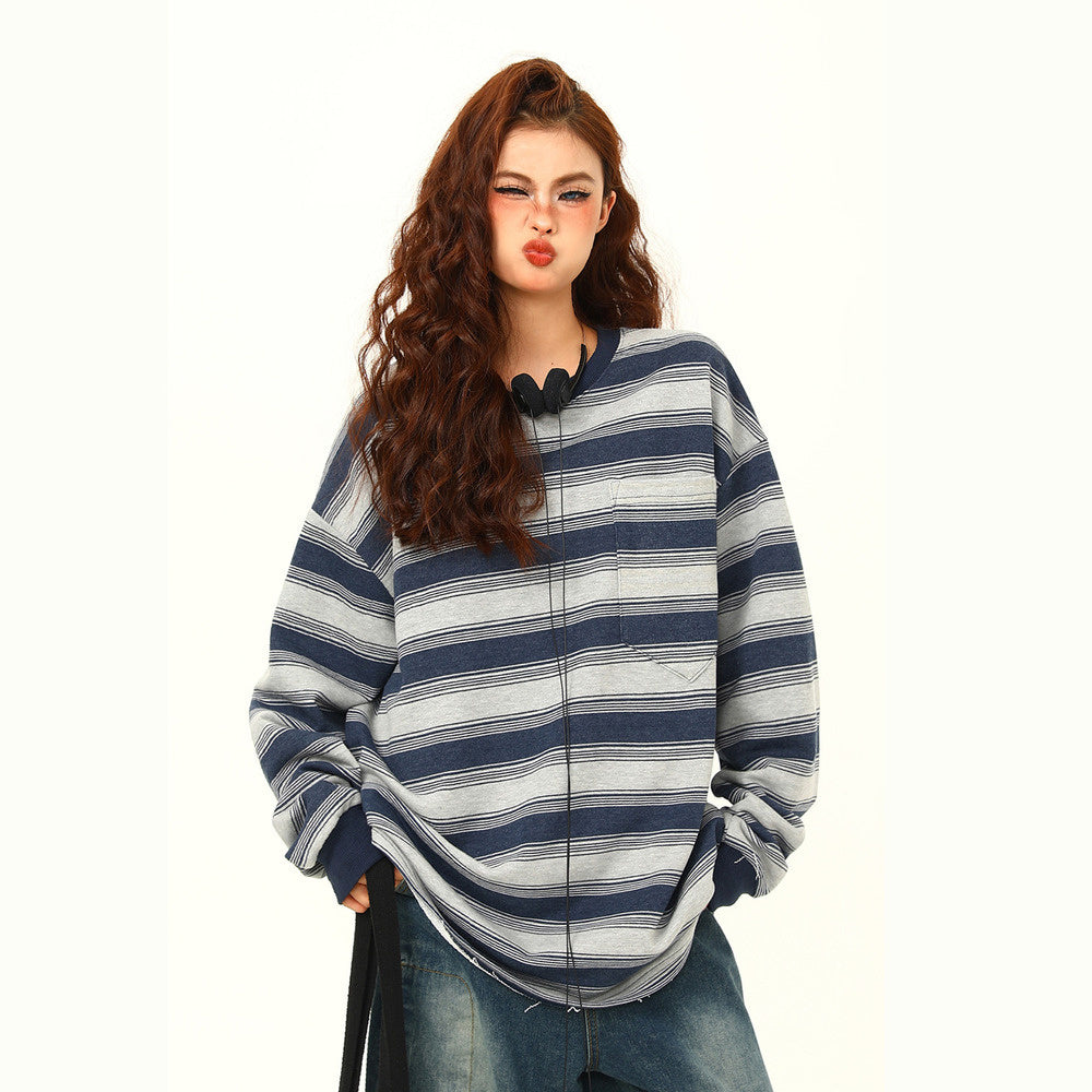 美式復古條紋長袖衛衣T恤秋季寬鬆休閒打底衫百搭情侶上衣