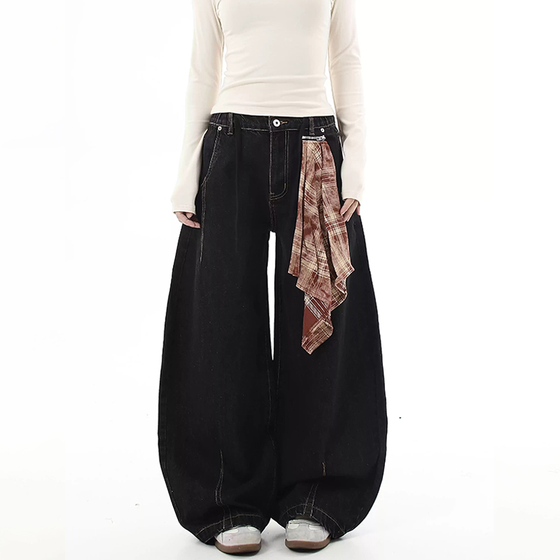 美式復古丹寧原色彎刀牛仔褲可拆式方巾寬褲休閒褲