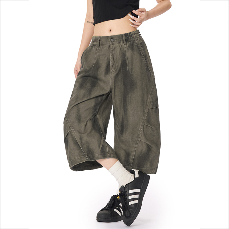 美式復古做舊髒染工裝七分褲男女高街潮牌休閒褶皺設計感寬褲