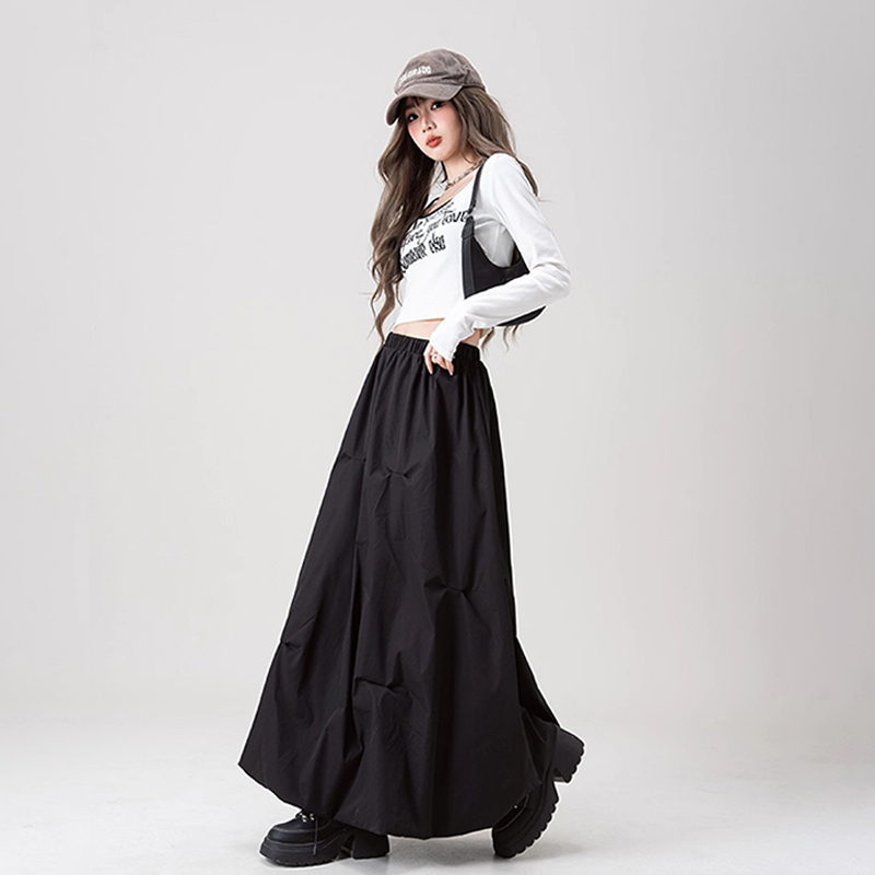 美式復古咖色褶皺花苞半身裙春夏高腰辣妹A字長裙