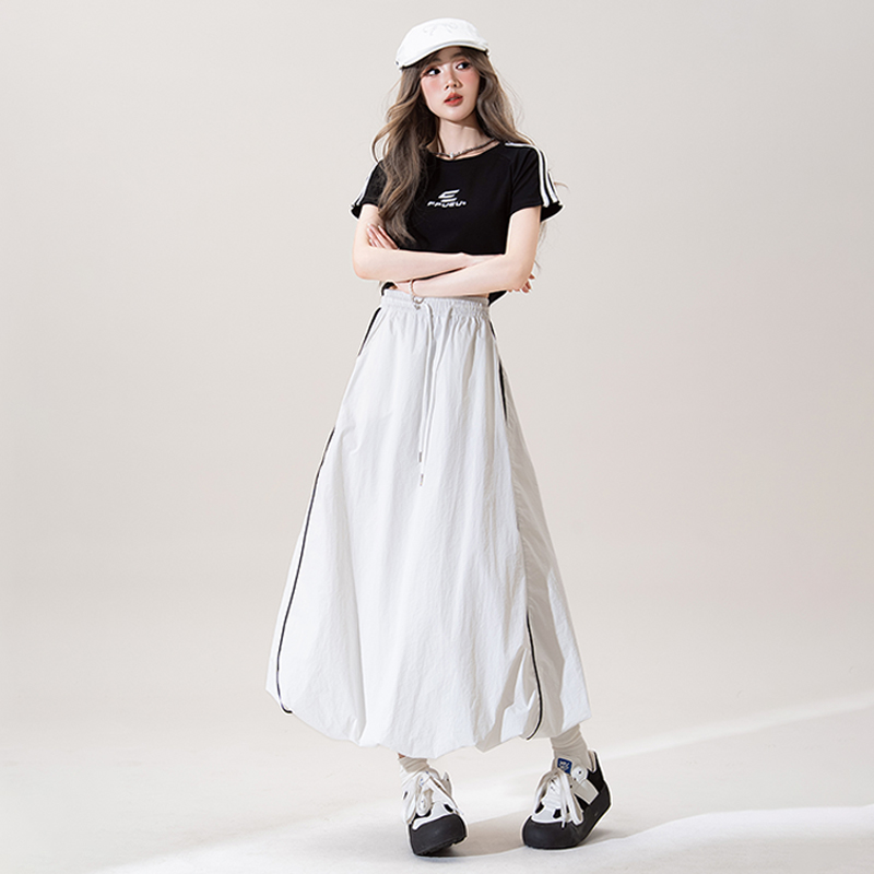 美式復古運動風花苞工裝裙女夏季薄款撞色高腰抽繩速乾A字蓬蓬半身裙