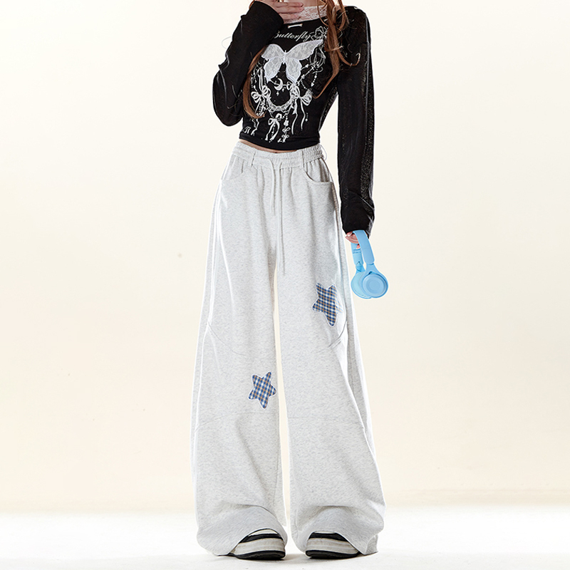 美式復古星星貼布繡衛褲春秋季兔耳朵設計感休閒慵懶風闊腿褲