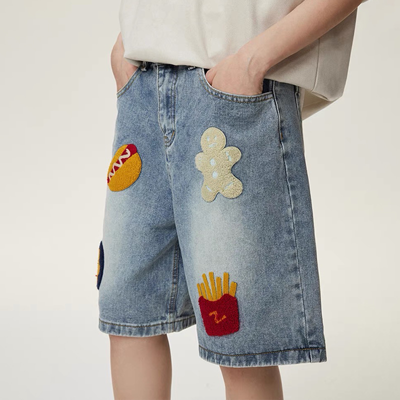 美式街頭做舊創意毛巾繡牛仔短褲男女潮牌高街直筒五分褲
