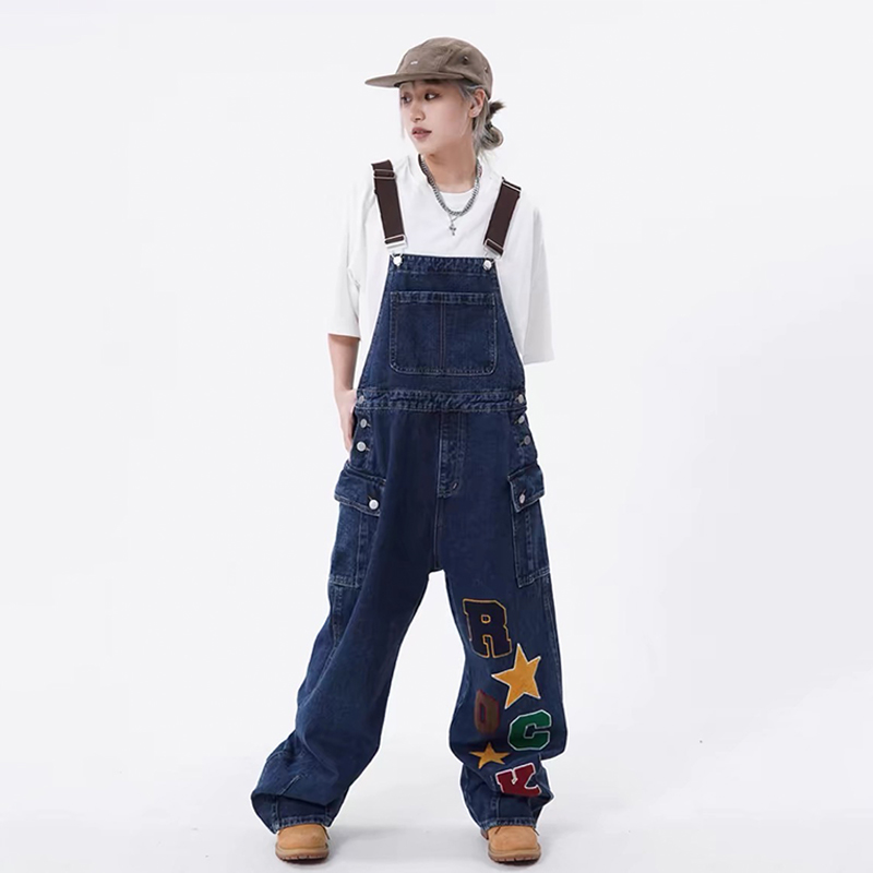 美式高街Hiphop背帶褲女寬鬆牛仔復古休閒連體褲