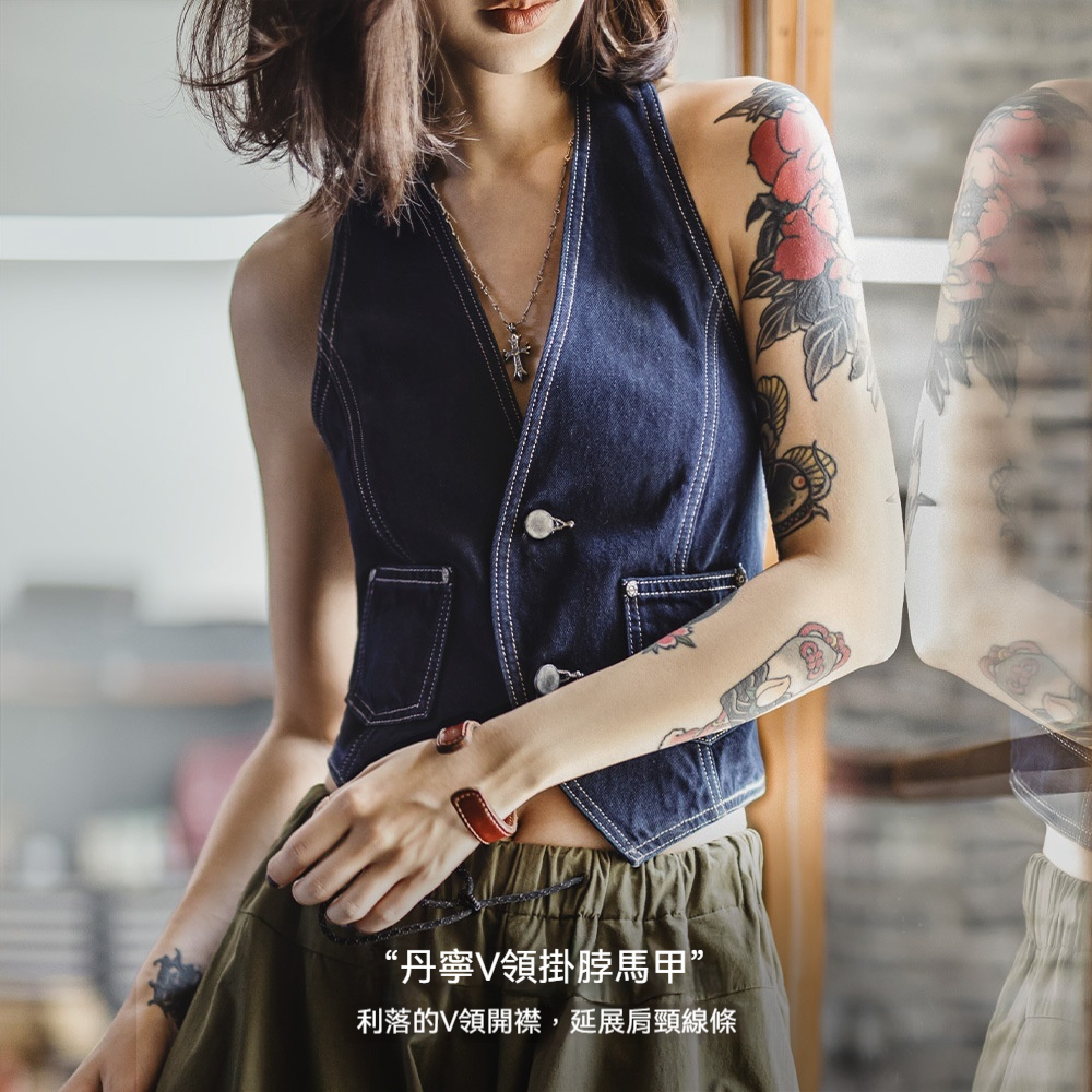 馬登女裝 美式疊穿無袖V領背心開衫馬甲修身外穿坎肩露背掛脖短上衣