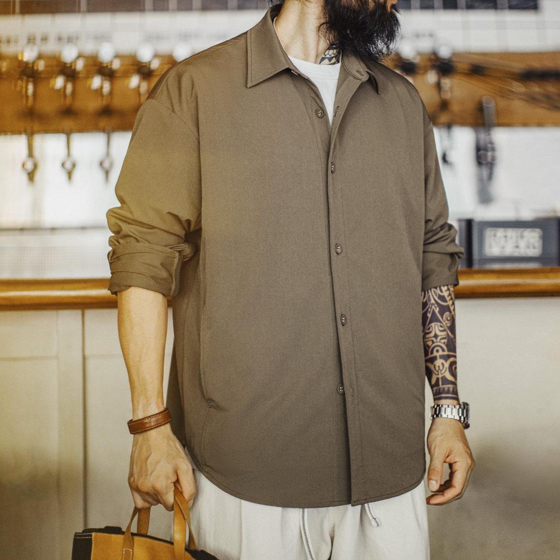 馬登工裝 美式復古獵裝襯衫外套肘部拼接翻領正肩長袖薄款襯衣男春