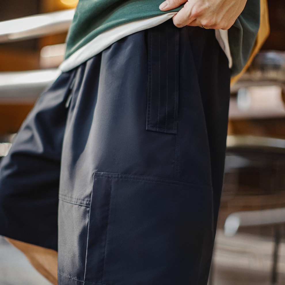 馬登工裝 美式紅色短褲抽繩鬆緊腰直筒寬鬆外穿大口袋五分褲男夏季