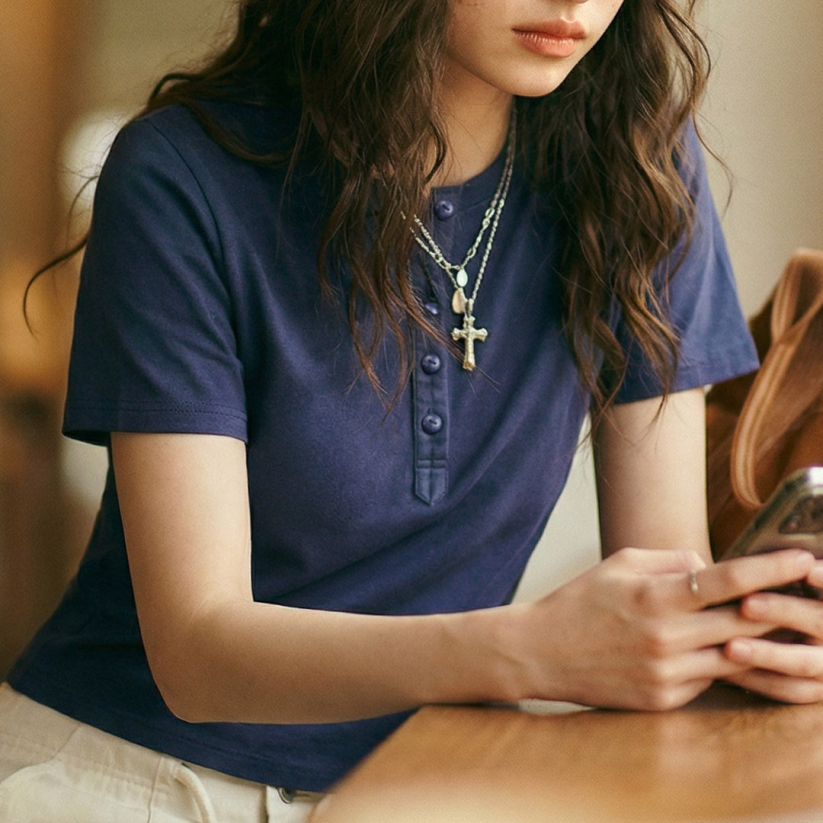 馬登女裝 美式全純棉半開襟亨利領短款修身短袖T恤上衣夏季