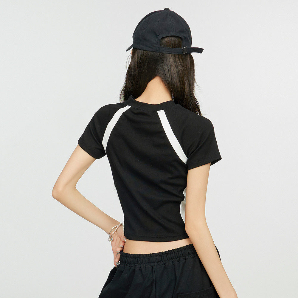 美式拼色正肩短袖T恤女夏季修身設計感小眾辣妹運動短款上衣