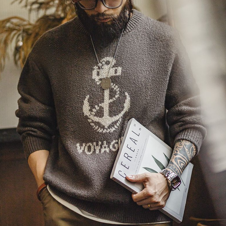 馬登工裝 美式復古針織船錨提花毛衣vintage套頭圓領打底衫秋冬