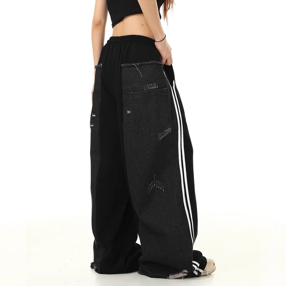 小眾設計感牛仔布拼接寬鬆闊腿休閒褲男女直筒鬆緊腰長褲