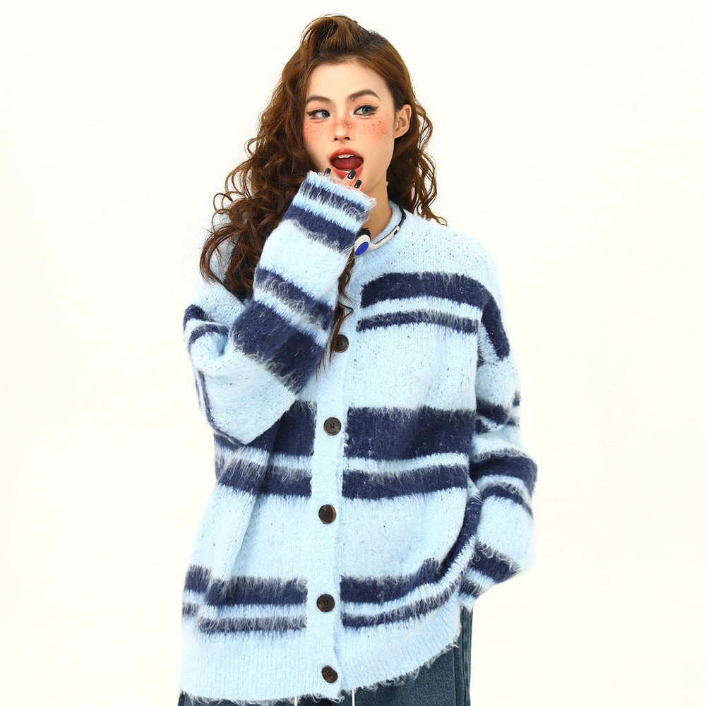 美式復古軟糯仿貂毛針織衫外套秋冬條紋慵懶寬鬆情侶外套