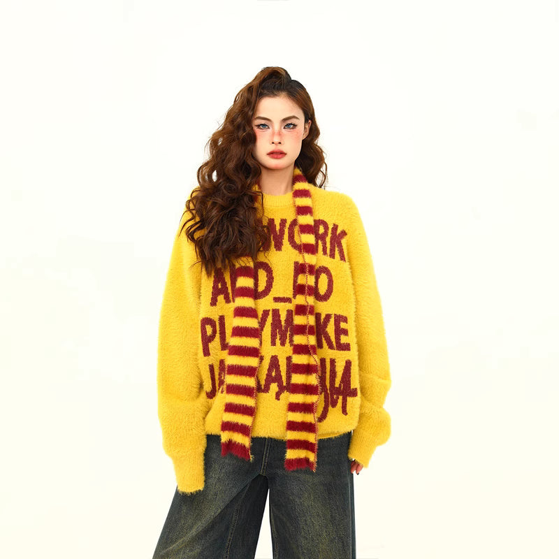 美式復古字母提花氛圍感圍巾針織衫毛衣女秋冬慵懶風寬鬆上衣