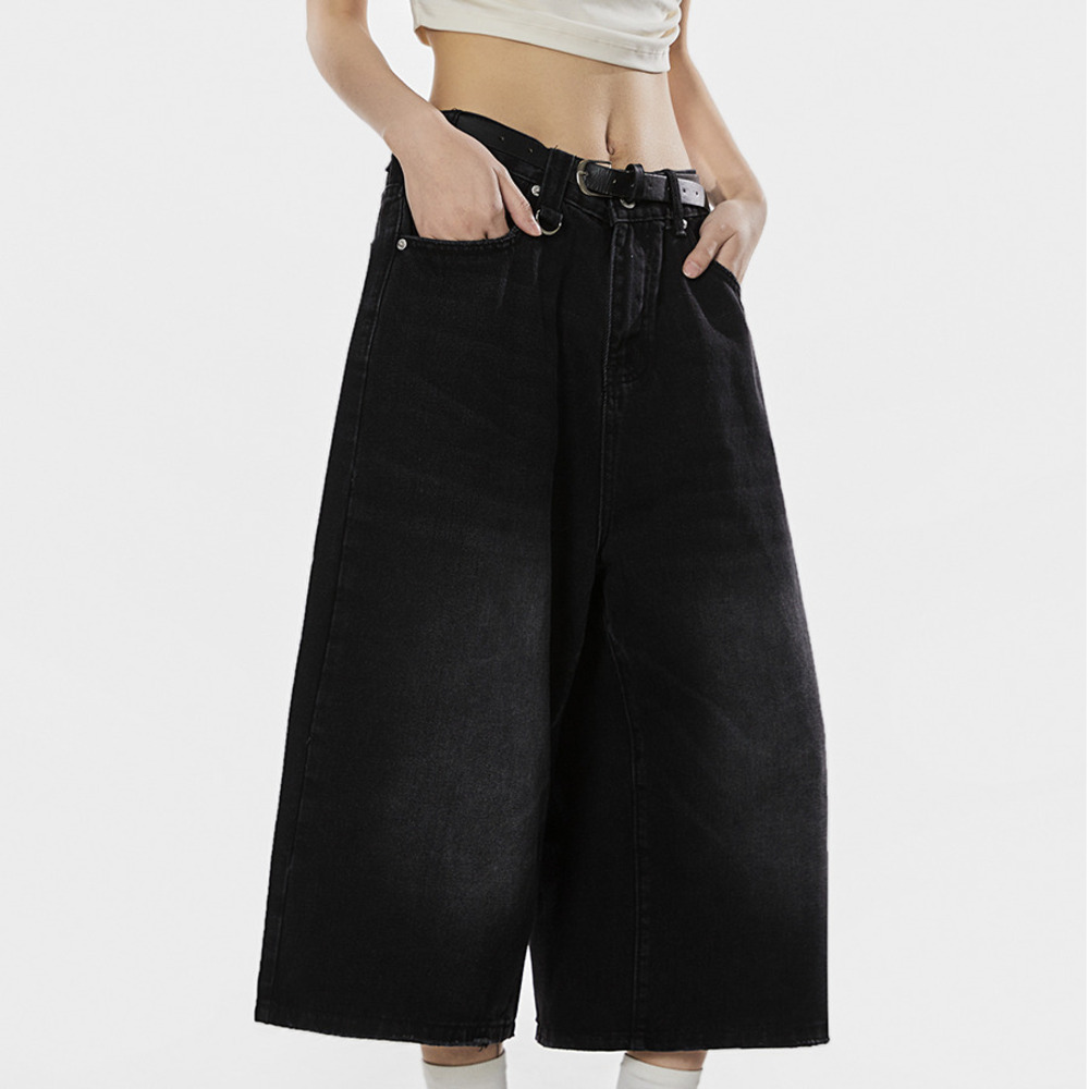 美式復古水洗牛仔中褲女夏季廓形牛仔短褲闊腿七分褲