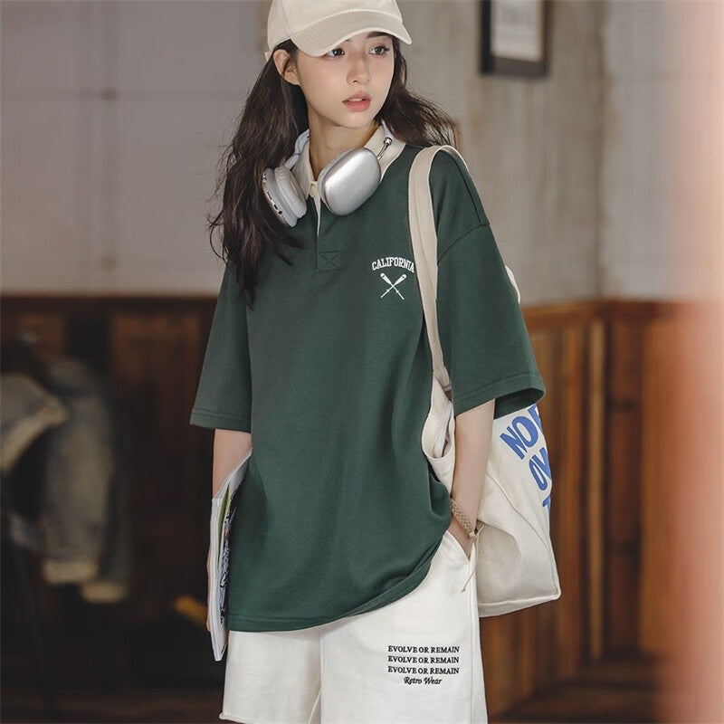 馬登女裝 美式復古翻領短袖學院風寬鬆Polo打底衫T恤