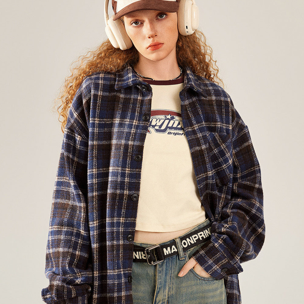 美式復古粉色格子長袖襯衫女秋寬鬆休閒慵懶襯衣外套