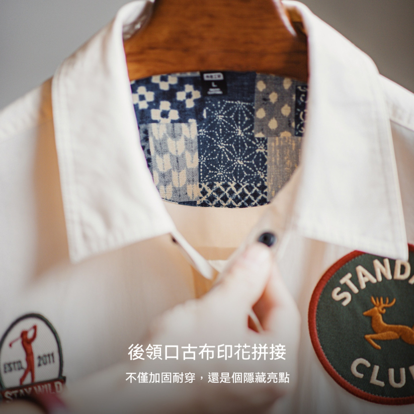 馬登工裝 美式章仔刺繡長袖襯衫外套薄款白色口袋拼接襯衣夾克男春