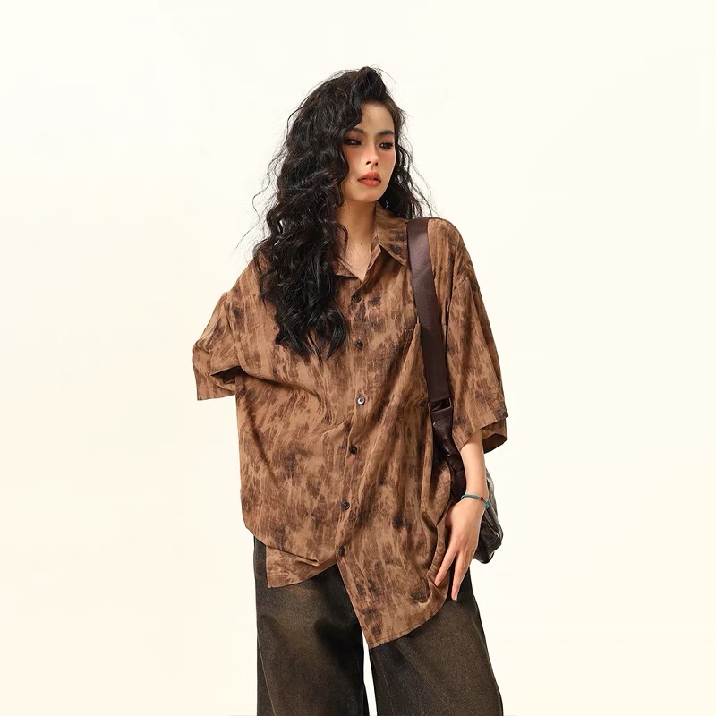 水墨扎染古著感短袖襯衫女美式復古個性寬鬆潮牌夏季襯衣