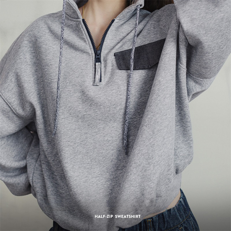 馬登女裝 半拉鍊套頭衛衣美式學院風立領上衣百搭廓形落肩長袖外套秋女