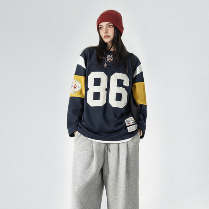 馬登女裝 美式復古橄欖球寬鬆套頭小眾刺繡中長款加厚衛衣外套秋冬