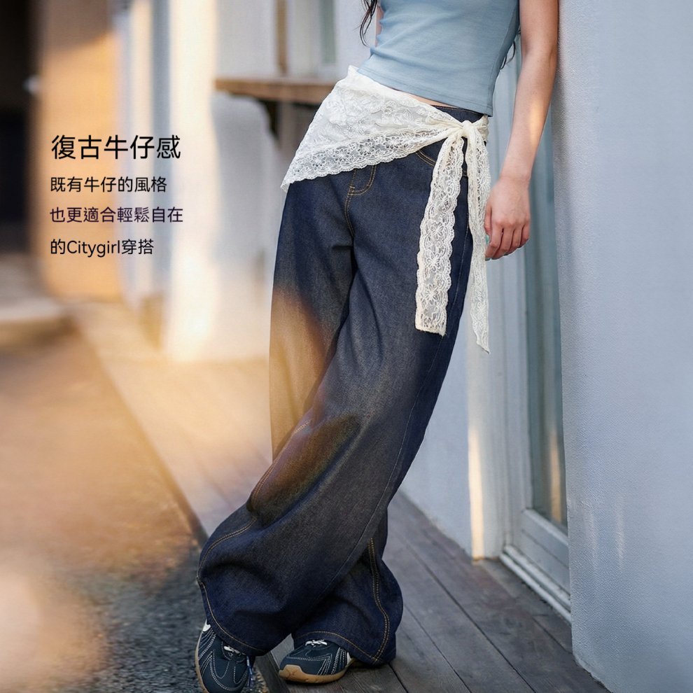 馬登女裝 復古原牛色薄款微彈顯瘦直筒闊腿仿軟牛仔休閒長褲子春夏