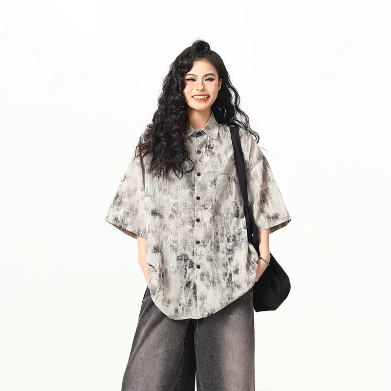 水墨扎染古著感短袖襯衫女美式復古個性寬鬆潮牌夏季襯衣