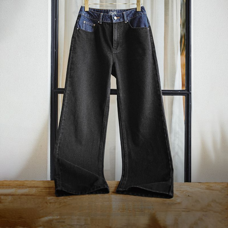 馬登女裝 美式拼色工裝牛仔褲水洗丹寧收腰微喇褲子闊腿長褲