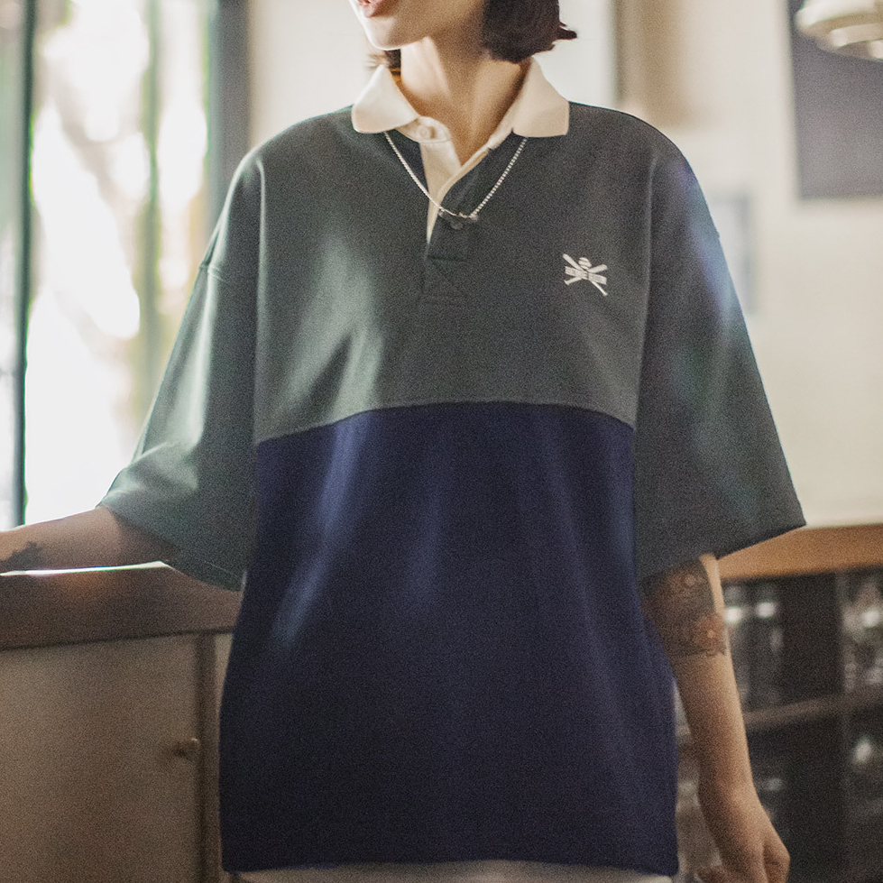 馬登女裝 夏日美式復古拼接撞色Polo衫學院風刺繡寬鬆短袖T恤