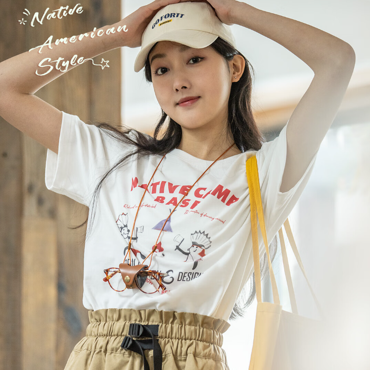 馬登女裝 美式復古印花T恤寬鬆純棉透氣短袖上衣正肩設計打底衫