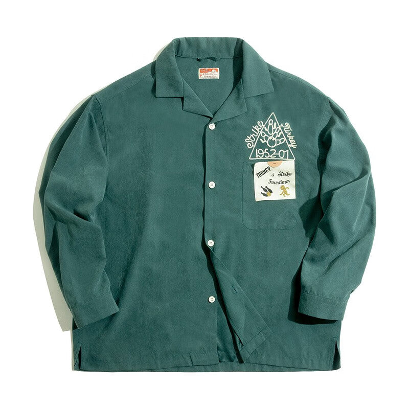 馬登女裝 美式復古磨毛刺繡桃皮絨襯衫寬鬆翻領保齡球襯衣女潮