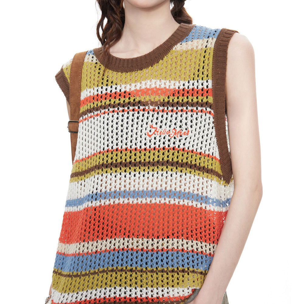 美式復古鏤空條紋針織吊帶背心女夏季多巴胺辣妹無袖外穿上衣