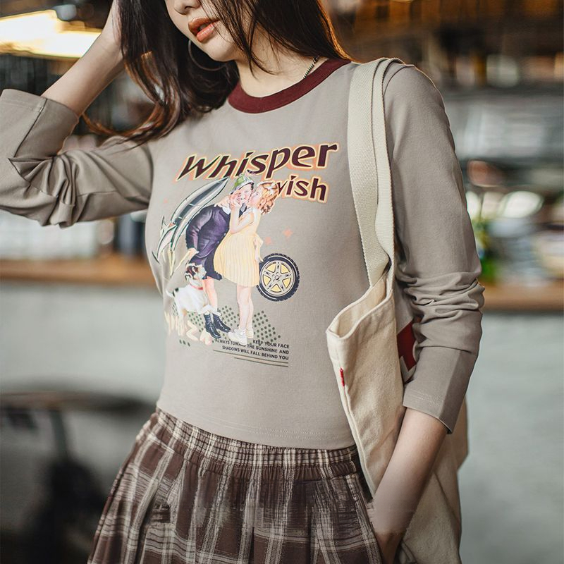 馬登女裝 復古插畫滾邊RingerT恤卡其綠美式機車印花長袖上衣春秋