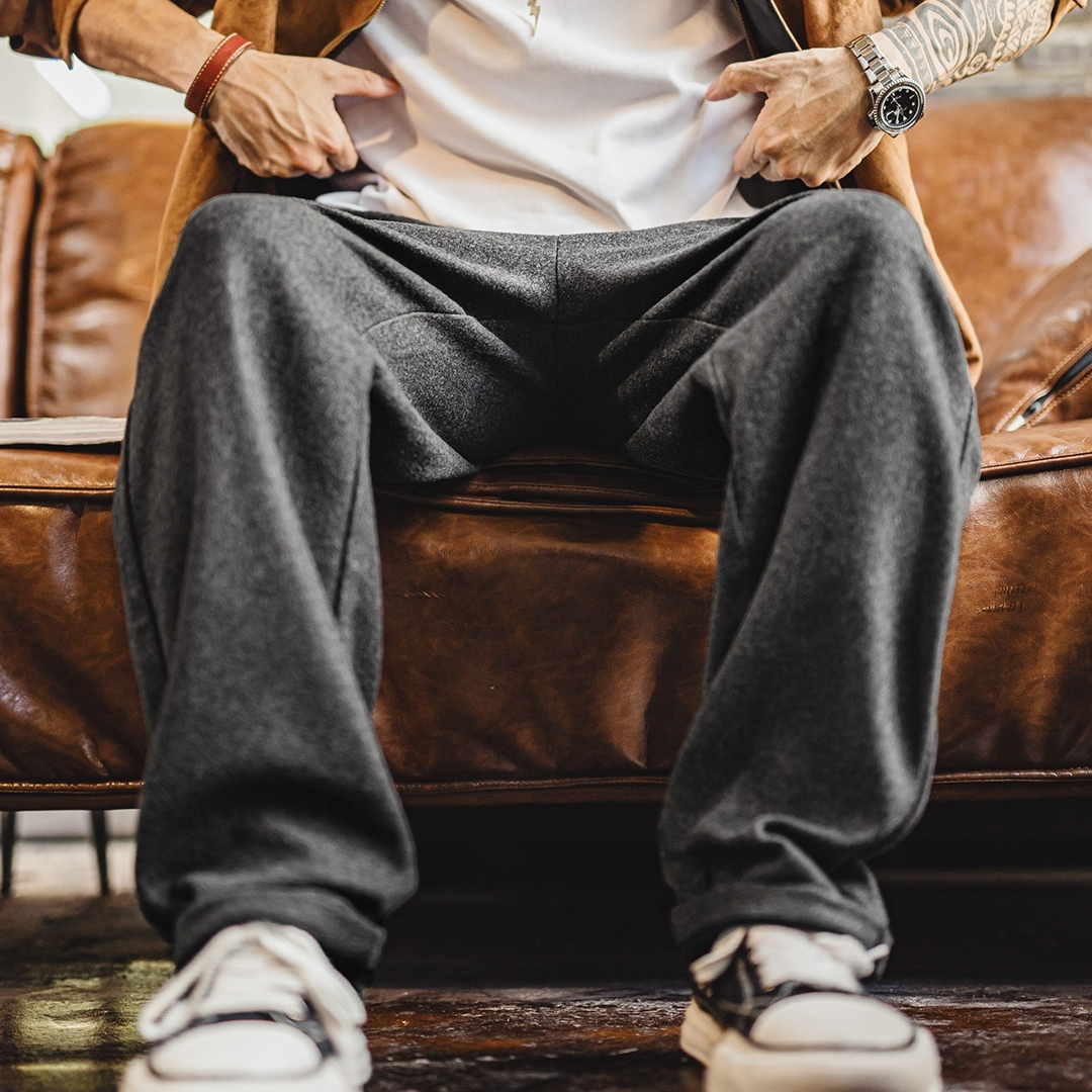 馬登工裝 美式灰黑色毛呢西褲老錢風直筒休閒褲垂墜感長褲子男秋冬