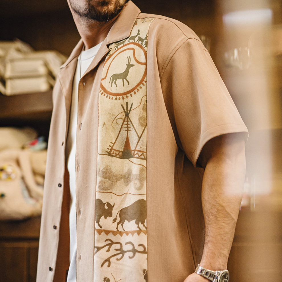 馬登工裝 美式復古印花古巴領襯衫印第安薄款短袖棉襯衣外套男士夏