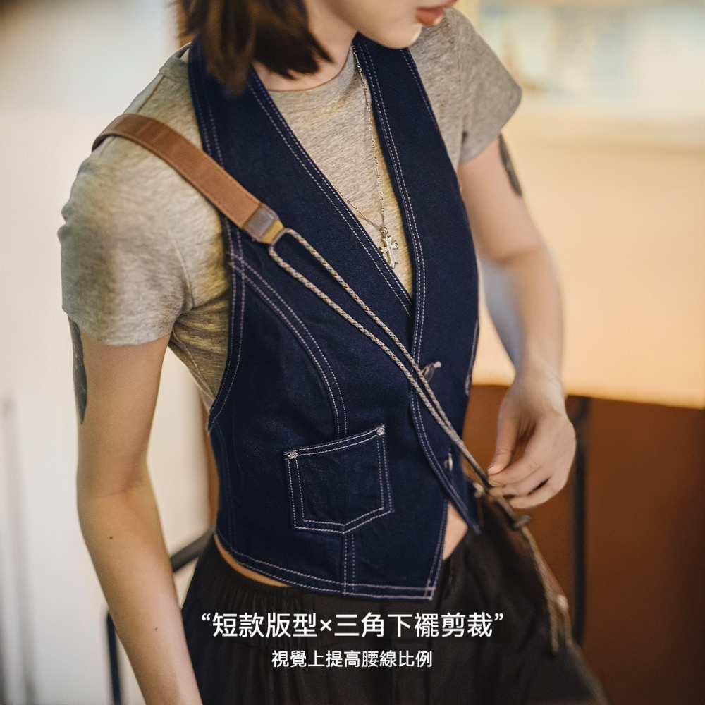 馬登女裝 美式疊穿無袖V領背心開衫馬甲修身外穿坎肩露背掛脖短上衣