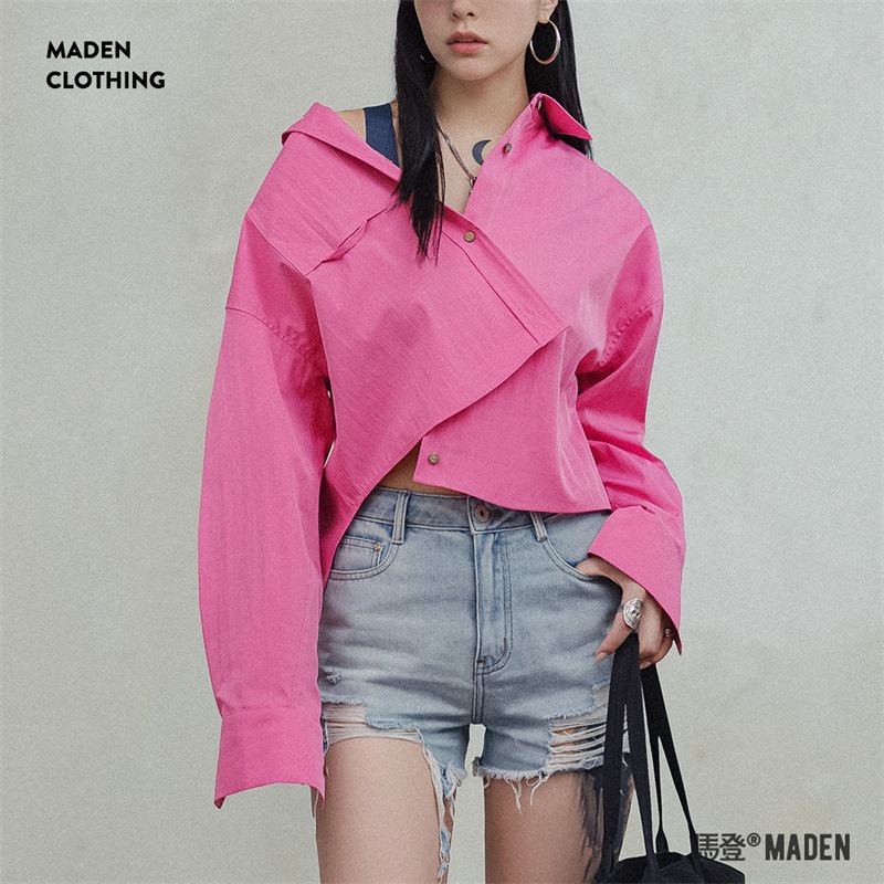 馬登女裝 設計感多巴胺長袖襯衫前短後長小眾襯衣寬鬆慵懶風春秋女