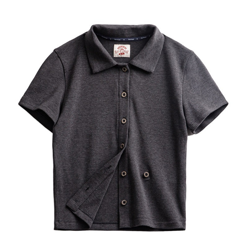 馬登女裝 復古Polo領短袖修身短款正肩針織開衫辣妹露腰顯瘦上衣夏