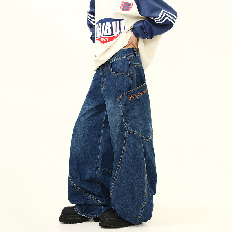 小眾設計感大口袋彎刀牛仔褲美式街頭潮牌辣妹拖地褲子