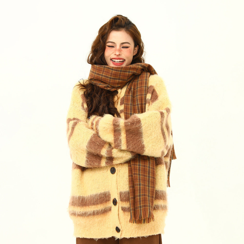 美式復古軟糯仿貂毛針織衫外套秋冬條紋慵懶寬鬆情侶外套