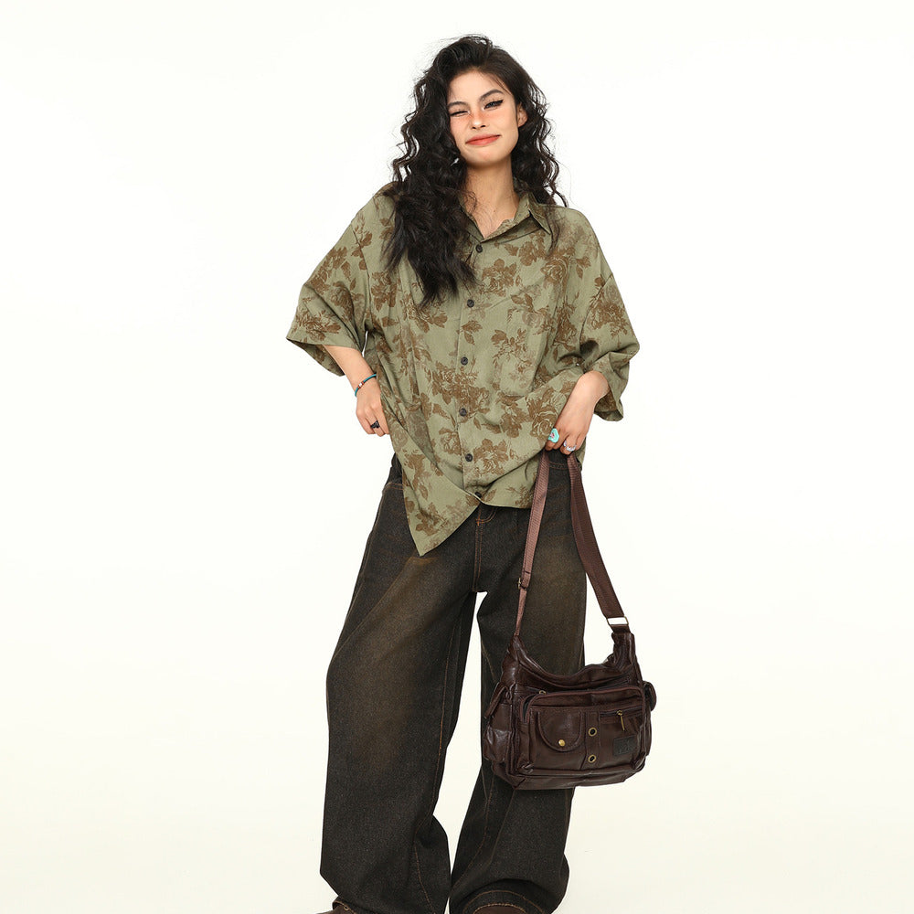 古著感花卉短袖襯衫女美式個性寬鬆潮牌夏季襯衣