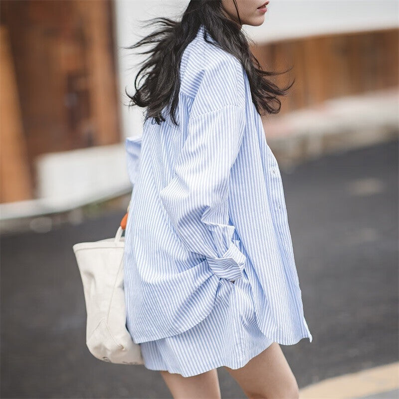 馬登女裝 藍白條紋休閒A字短褲純棉寬鬆顯瘦高腰運動闊腿短褲