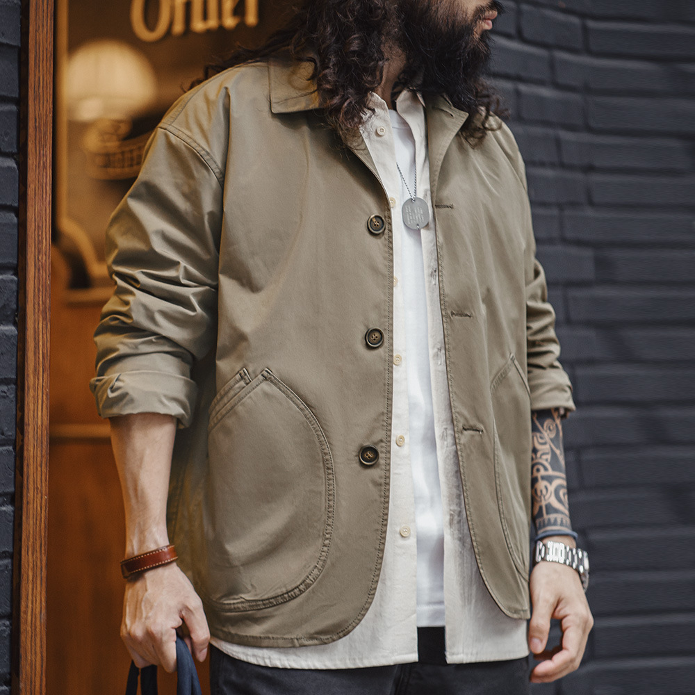 馬登工裝 法式復古斜插口袋工裝夾克薄款梭織翻領休閒廓形外套男春