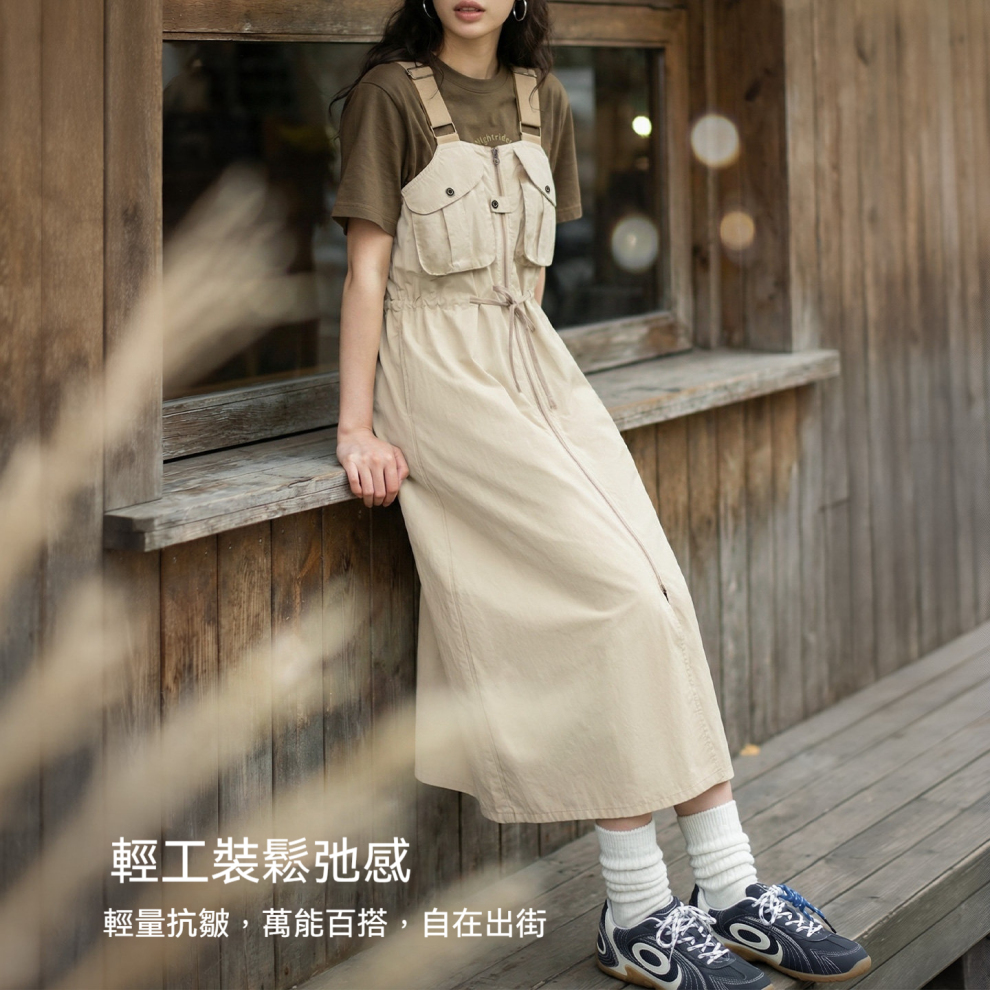馬登女裝 輕薄長款透氣寬鬆工裝背帶裙收腰A字開叉連衣身裙子外套女夏