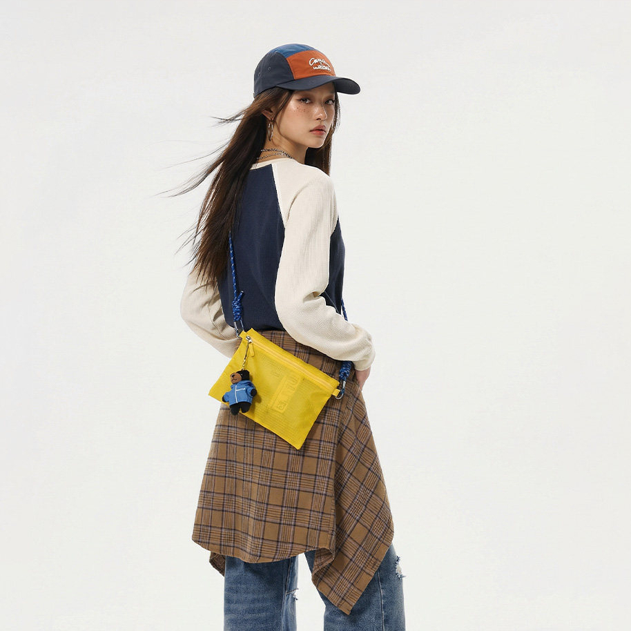 馬登女裝 美式復古華夫格圓領藍白撞色長袖T恤打底衫內搭衛衣女春季