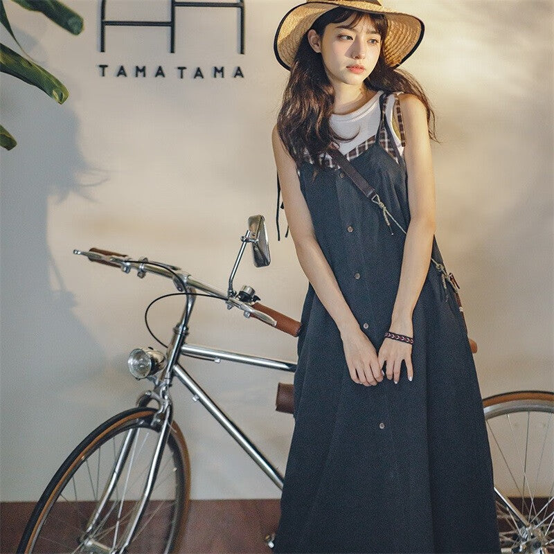 馬登女裝 復古格紋拼接背帶裙寬鬆顯瘦吊帶A字連衣長裙