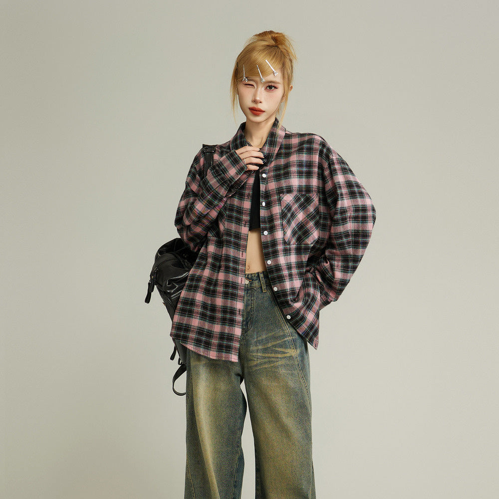 美式復古格子長袖襯衫外套女秋設計感小眾襯衣上衣