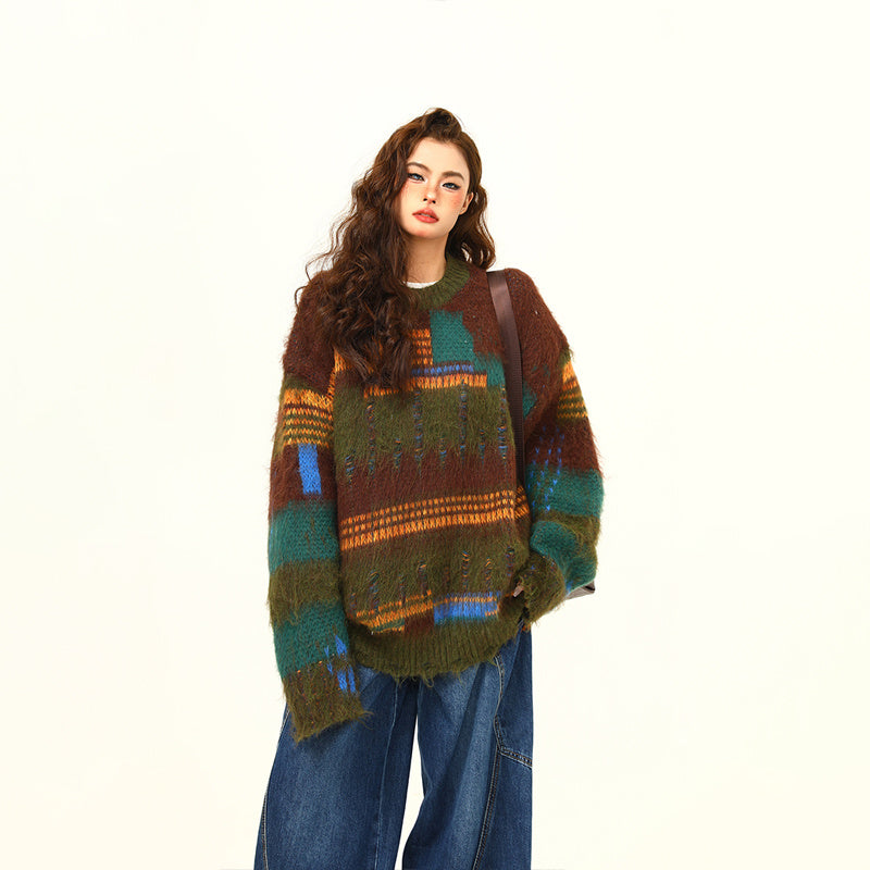 美式復古不規則拼接設計感馬海毛毛衣秋冬寬鬆慵懶風針織衫毛衣